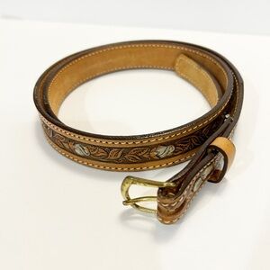Brown and Tan Floral Etched Leather Belt Tory Made in the USA